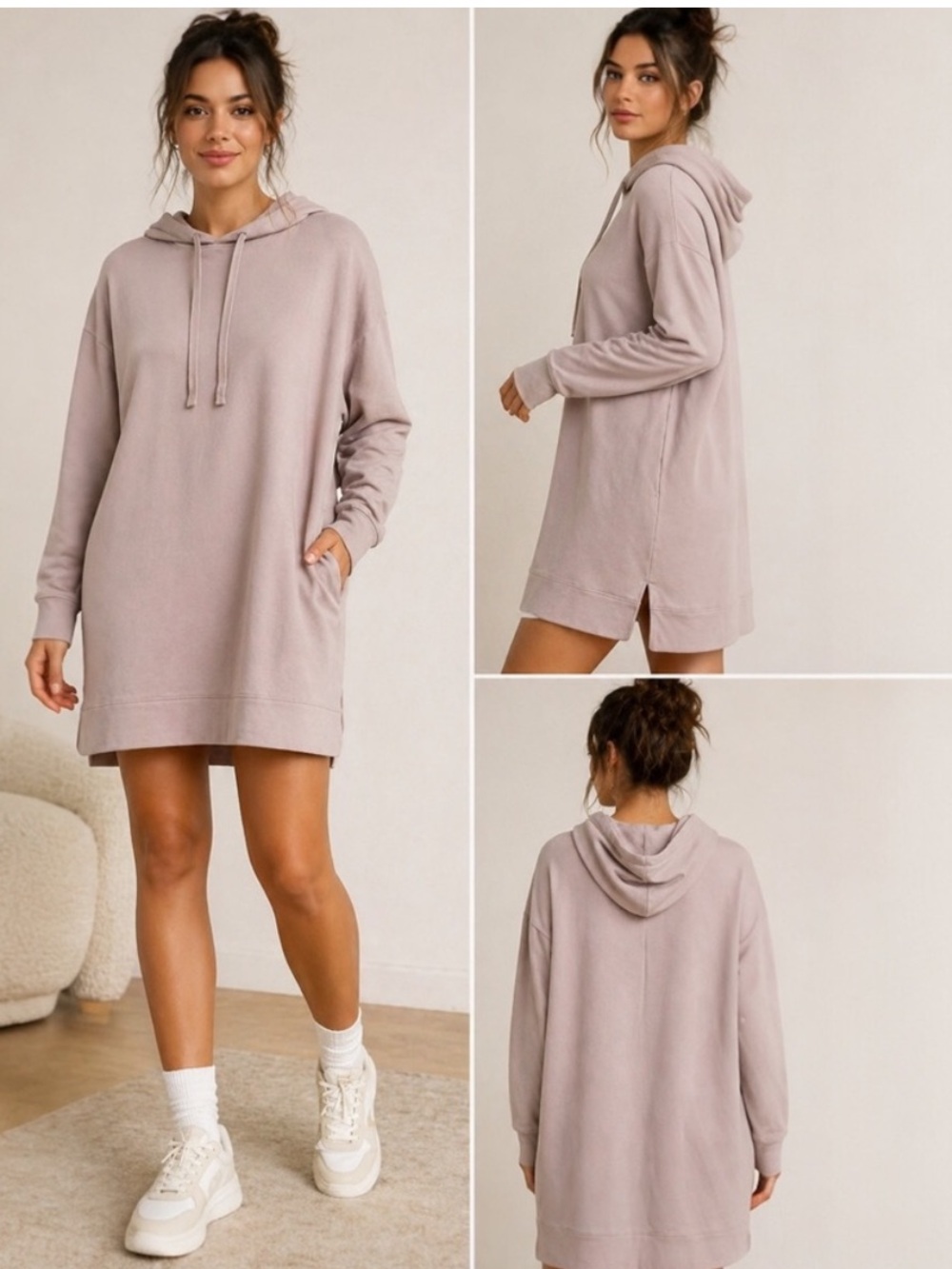 The Drop Iona  Hooded Sweatshirt Dress in Light Mauve with pockets EUC
